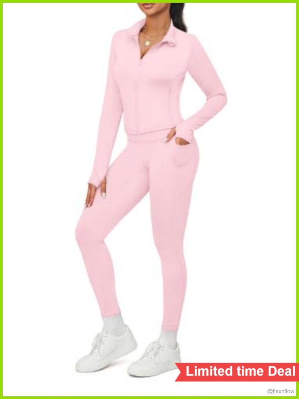 Women's 2 Piece Workout Set Long Sleeve Top & Leggings 4 Pockets Thumbholes